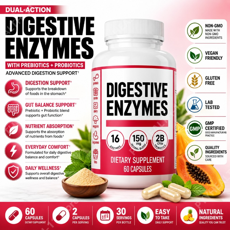 Digestive Enzyme Blend - Enzimas Digestivas con Prebióticos y Probióticos,